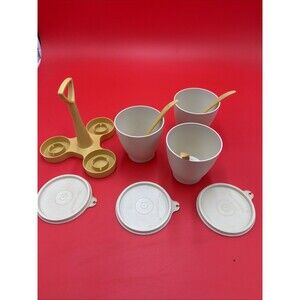 Vintage Tupperware 3 Piece Condiment Bowls with Caddy Server and Spoons
